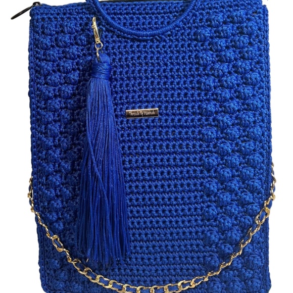 Handmade Blue African Print Crochet Trapezoid Handbag - Picture 1 of 5